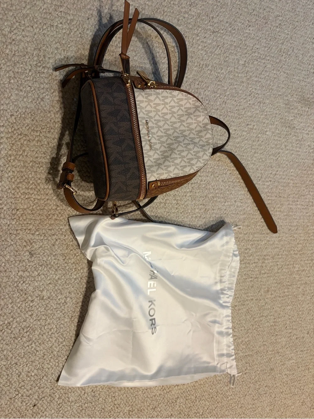 Michael Kors Vanilla and Brown Signature Mini Backpack